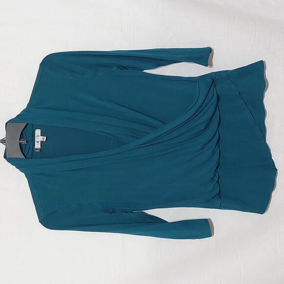 Jennifer Lopez Women's Size Medium Teal Green 3/4 Sleeve Blouse Faux Wrap Top‎ - Picture 1 of 8